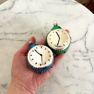 Vintage Set of 2 Czech Clocks Tik Tok Mercury Glass Pair Glass Ornaments